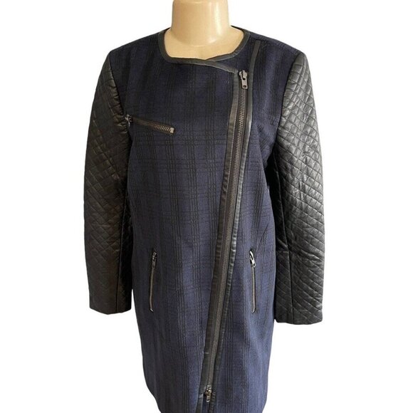 W118‎ Walter Baker Blue Tweed Check Coat Black Faux Leather Quilted Moto Jacket - Picture 3 of 12